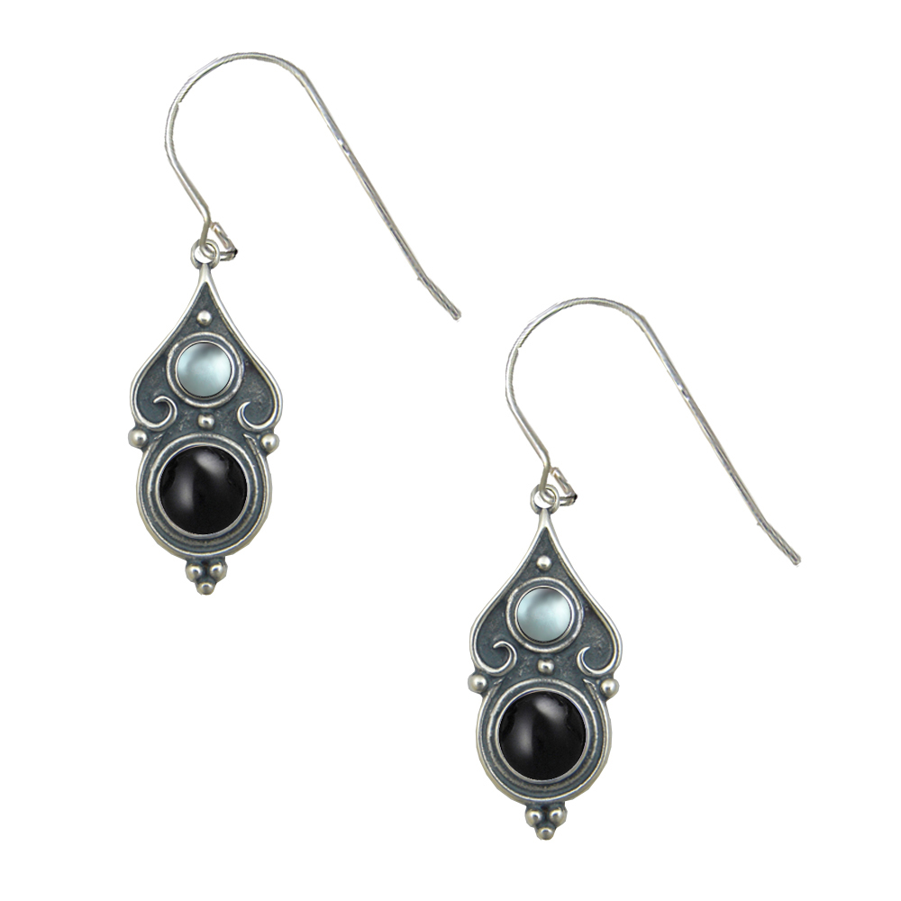 Sterling Silver Designer Post Stud Earrings With Black Onyx And Blue Topaz